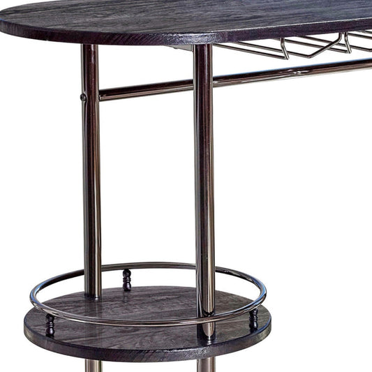Oblong Shape Metal Bar Unit With Stemware Rack, Gray And Chrome