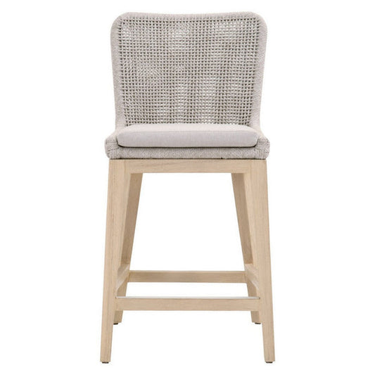 Counter Stool With Mesh Design Rope Backrest, Brown And Gray