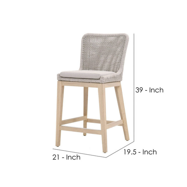 Counter Stool With Mesh Design Rope Backrest, Brown And Gray
