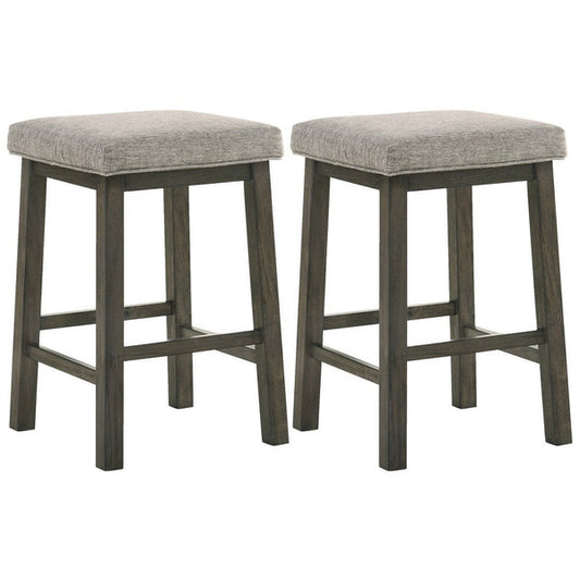 25 Inch Wooden Bar Stool With Fabric Seat, Set Of 2, Gray