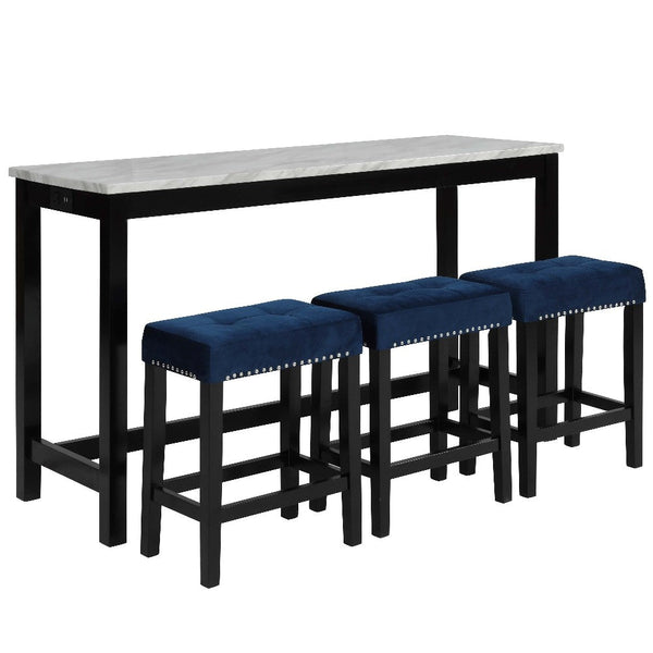 Kate 60 Inch 4 Piece Bar Table Set With Upholstered Stools, Blue