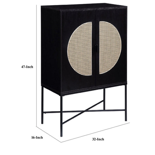 47 Inch Wood Wine Cabinet With Glass Holder, Metal Legs, Black