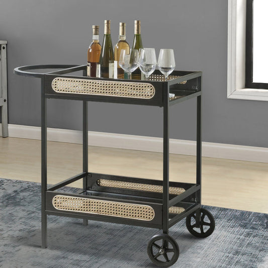 33 Inch Wood Serving Bar Cart With Mirrored Shelf, 2 Wheels, Handle