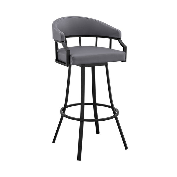 Cade 30 Inch Bar Stool, Swivel Chair, Faux Leather Cushion, Gray, Black