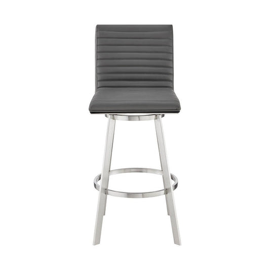 Aron 26 Inch Counter Height Swivel Stool, Vegan Faux Leather, Gray, Chrome
