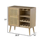 Dana 31 Inch Wood Wine Cabinet, 2 Shelves, Glass Hanger, Rattan Door