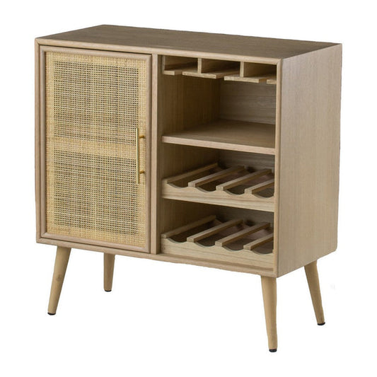 Dana 31 Inch Wood Wine Cabinet, 2 Shelves, Glass Hanger, Rattan Door