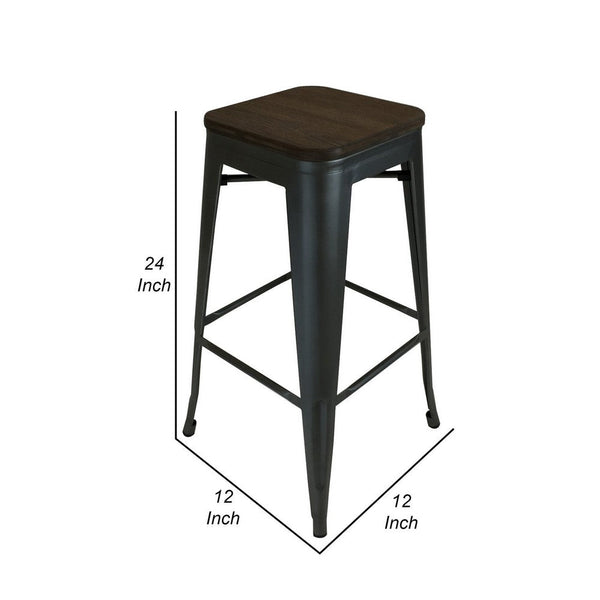 Gene 24 Inch Counter Stool With Industrial Wood Seat, Black Metal Frame