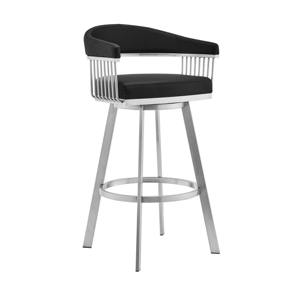 Lif 25 Inch Swivel Counter Stool, Slatted Arms, Steel Faux Leather