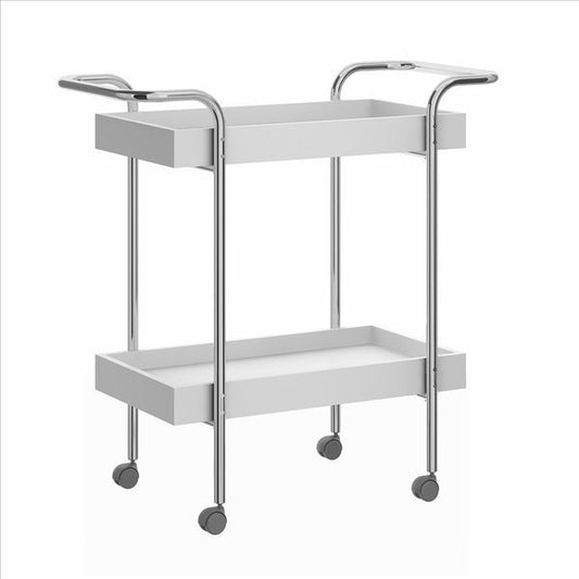 The Urban Port - Storage Cart With 2 Tier Design And Metal Frame, White And Chrome