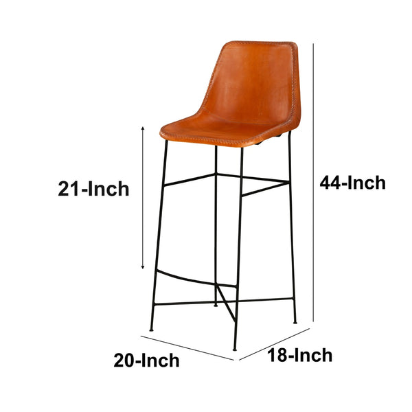 The Urban Port - Bar Height Chair With Genuine Leather Upholstery, Tubular Frame, Tan Brown, Black
