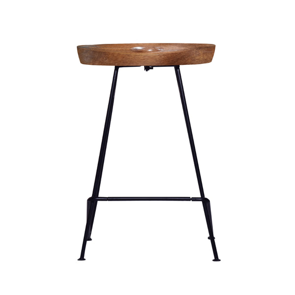 The Urban Port - 26 Inch Industrial Counter Height Stool, Contoured Mango Wood Seat, Iron, Cafe Brown, Black