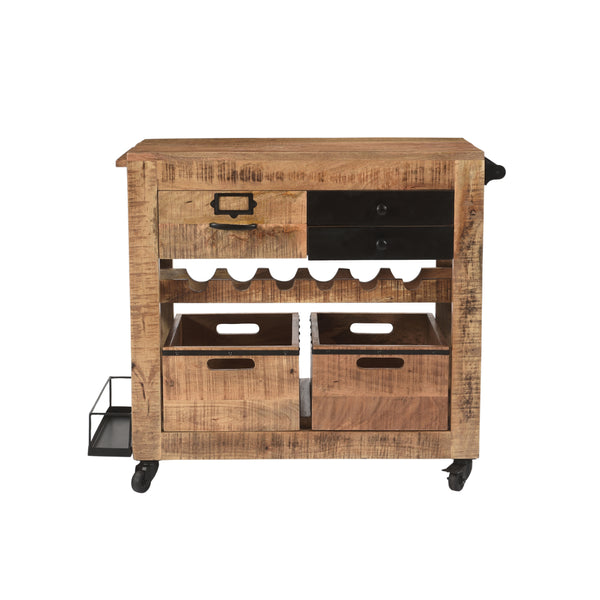 The Urban Port - 31 Inch Handcrafted Rustic Mango Wood Bar Cart Trolly With 3 Drawers And 6 Wine Bottle Holders