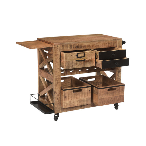 The Urban Port - 31 Inch Handcrafted Rustic Mango Wood Bar Cart Trolly With 3 Drawers And 6 Wine Bottle Holders