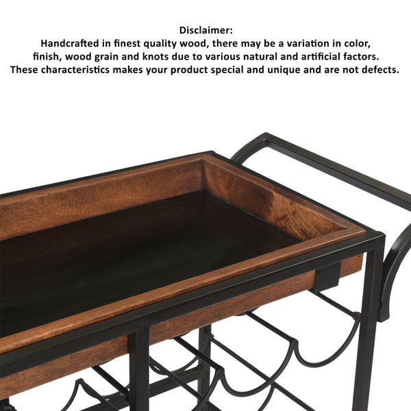 The Urban Port - 30 Inch Handcrafted Mango Wood Bar Serving Cart With Caster Wheels, 6 Bottle Holders, Tray Shelves