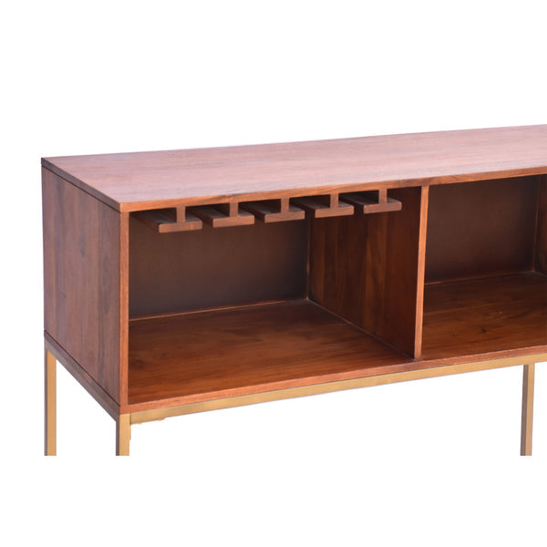 The Urban Port - Kalyn 48 Inch Acacia Wood Bar Cabinet, 1 Door, Metal Frame, Geometric Screen Printed Design, Brass