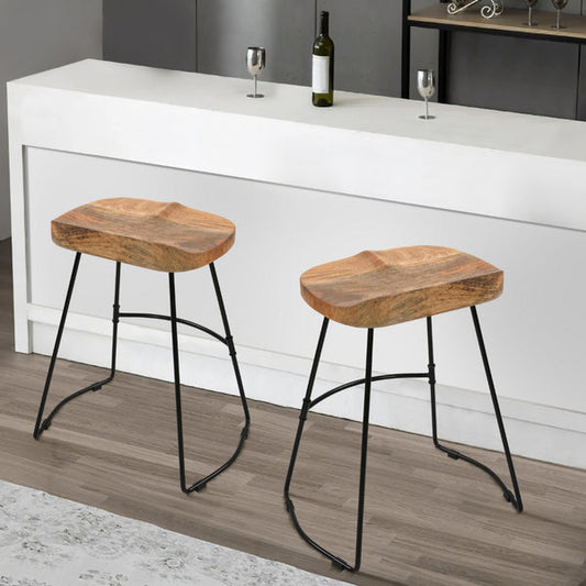 The Urban Port- Tiva 24 Inch Handcrafted Backless Counter Height Stool, Mango Wood Saddle Seat, Black Metal Base