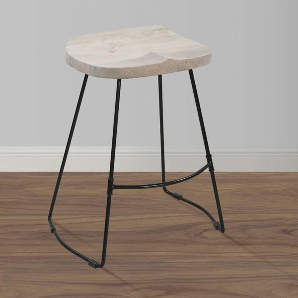 The Urban Port- Tiva 24 Inch Handcrafted Backless Counter Height Stool, Mango Wood Saddle Seat, Black Metal Base