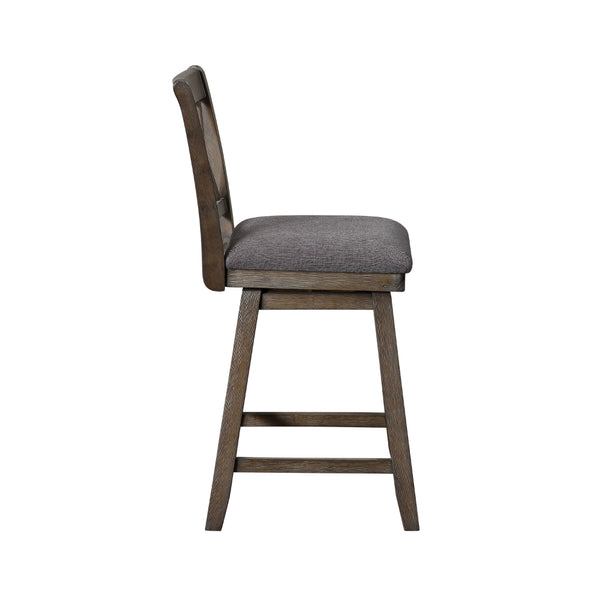The Urban Port-Jasmine 24" Handcrafted Rustic 360 Degree Swivel Counter Stool Chair, Distressed Walnut Brown, Gray Seat Cushion