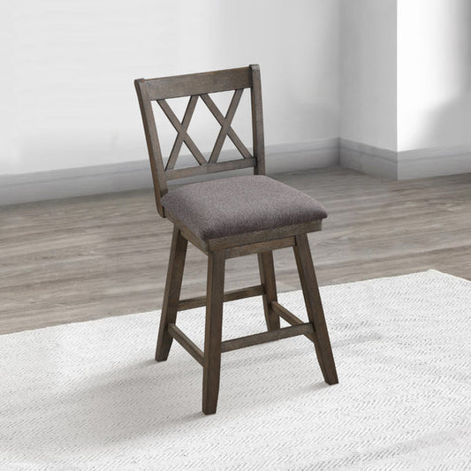The Urban Port-Jasmine 24" Handcrafted Rustic 360 Degree Swivel Counter Stool Chair, Distressed Walnut Brown, Gray Seat Cushion