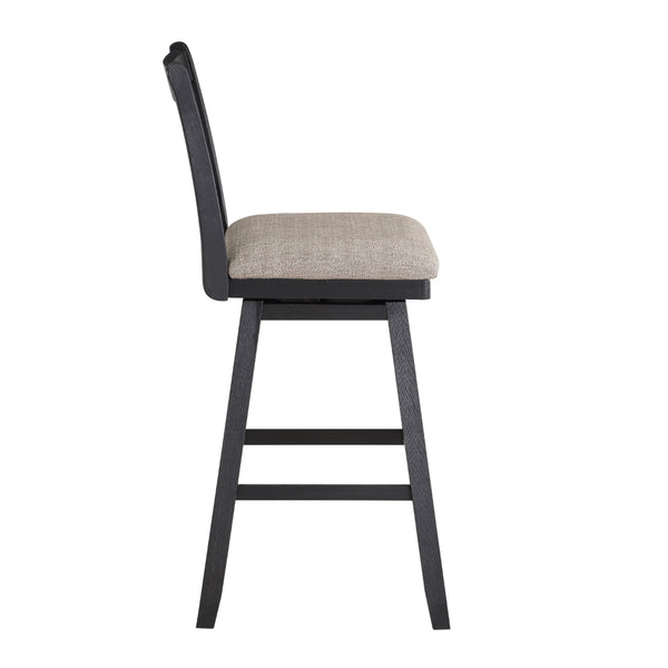 The Urban Port - Jasmine 29 Inch Handcrafted Rustic 360 Degree Swivel Barstool Chair, Crossed Black Wood Frame, Gray Seat Cushion