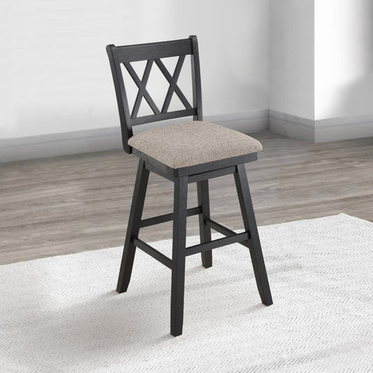 The Urban Port - Jasmine 29 Inch Handcrafted Rustic 360 Degree Swivel Barstool Chair, Crossed Black Wood Frame, Gray Seat Cushion