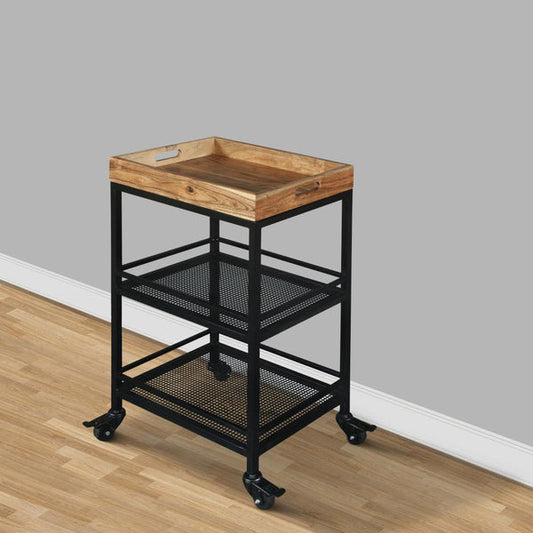 Industrial Serving Cart With 3 Tier Storage And Metal Frame, Brown And Black