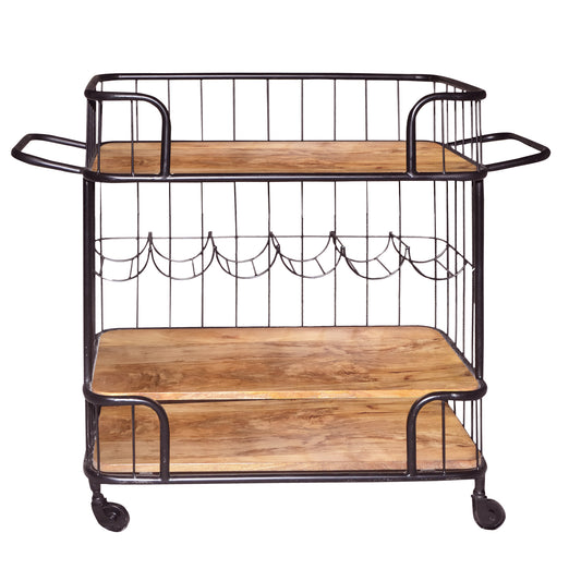 Urban Port - Metal Frame Bar Cart with Wooden Top and 2 Shelves