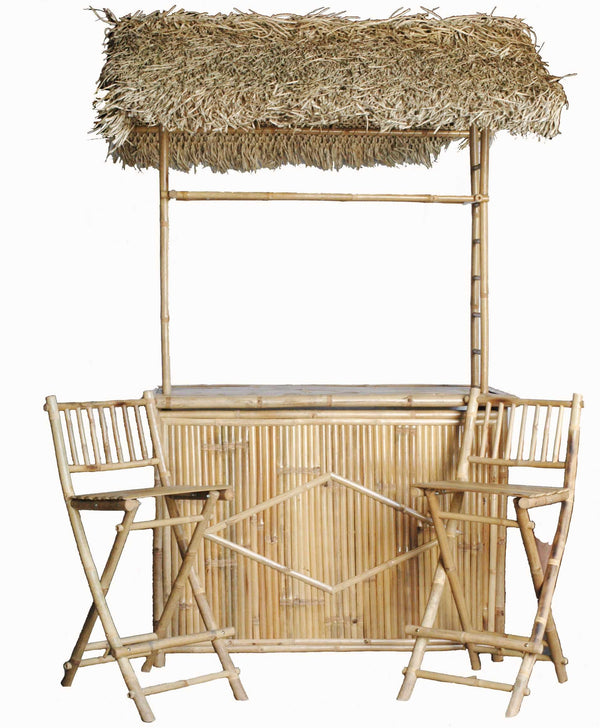 Bamboo Thatched Bar with 2 Bar Stools